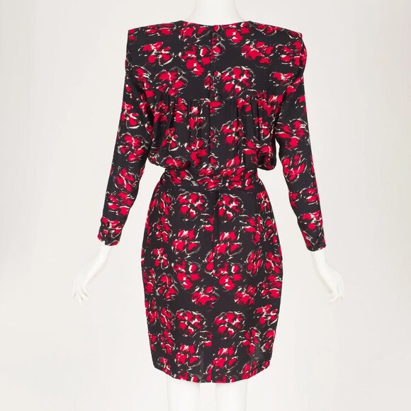 1980s Vintage French Red Floral Print Black Silk Belted Dress Sz S M - Picture 4 of 7